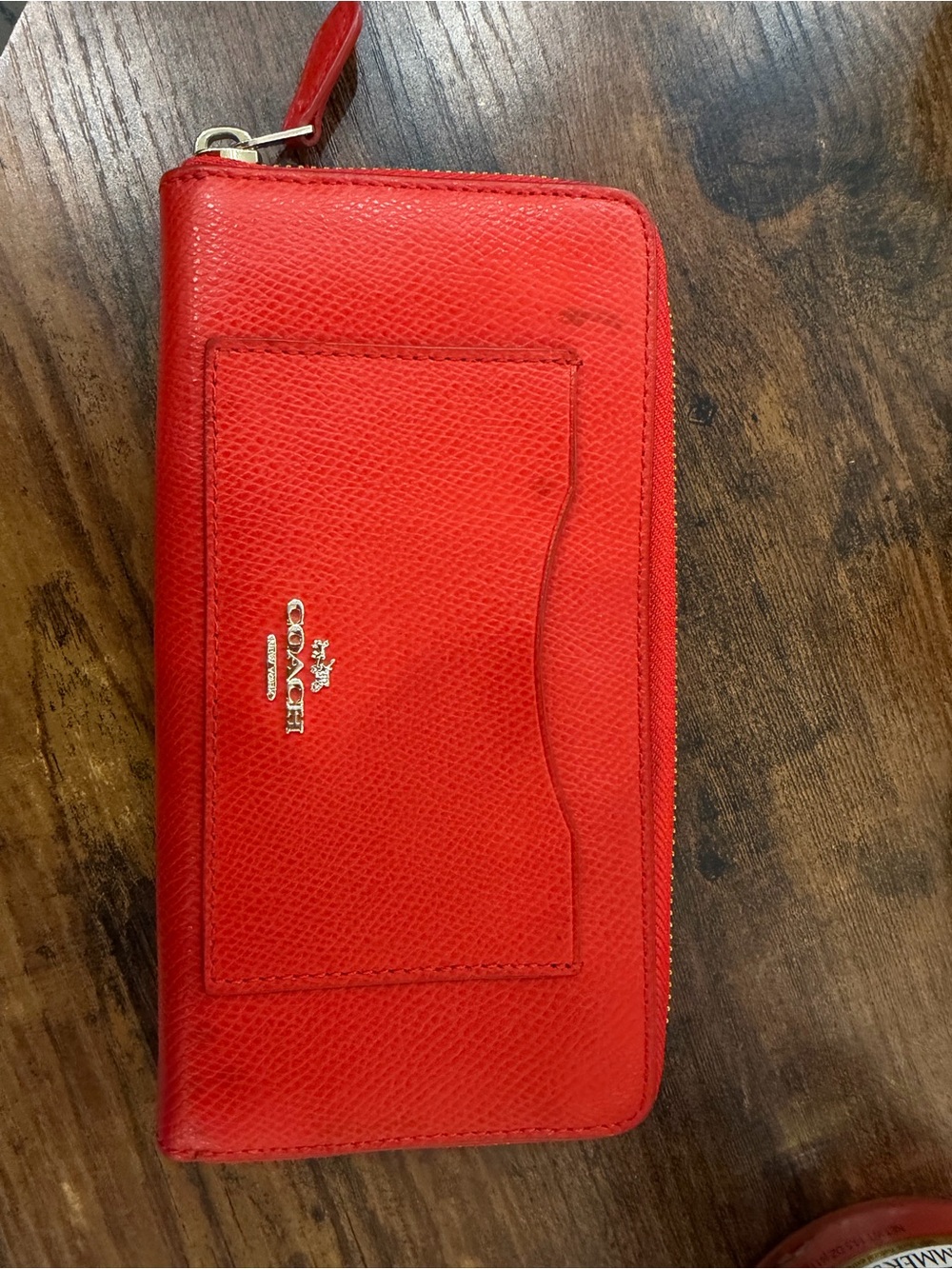 Coach Red Zip Around Leather Wallet with Front Card Slot